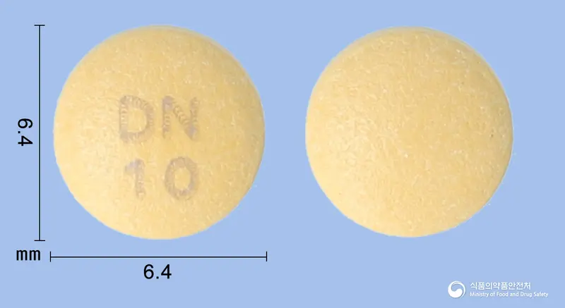 라피졸정10mg(라베프라졸나트륨) 앞뒤 사진 (주황색 원형, 각인 DN10)