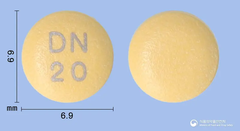 라피졸정20mg(라베프라졸나트륨) 앞뒤 사진 (주황색 원형, 각인 DN20)