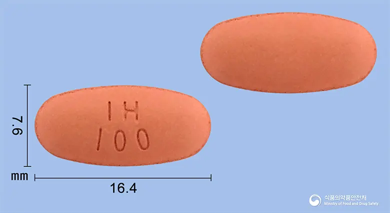 이지레보정100/25/200mg 앞뒤 사진 (분홍색 타원형, 각인 IH100)