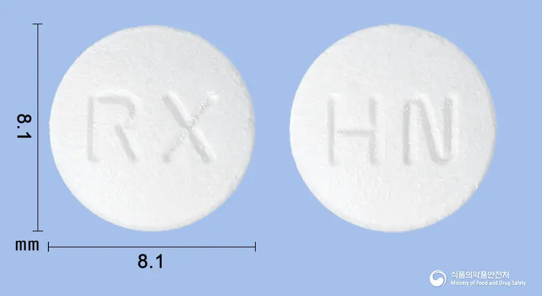 록씨클정(록시트로마이신) 앞뒤 사진 (흰색 원형, 각인 RX / HN)