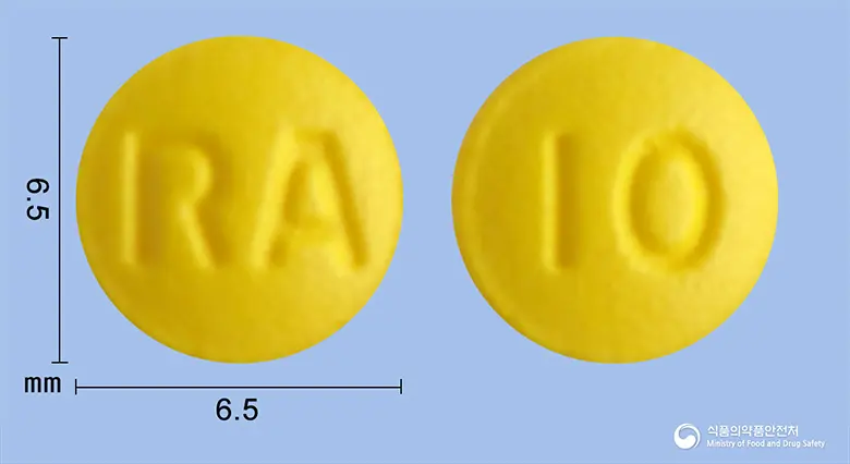 라베탑정10mg(라베프라졸나트륨) 앞뒤 사진 (노란색 원형, 각인 RA / 10)
