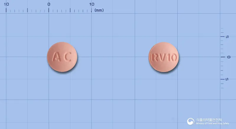 크레스정10mg(로수바스타틴칼슘) 앞뒤 사진 (분홍색 원형, 각인 AC / RV10)