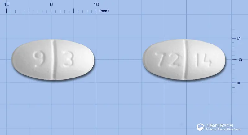 테바메트포르민정1000mg(메트포르민염산염) 앞뒤 사진 (흰색 타원형, 각인 9 3 / 72 14)