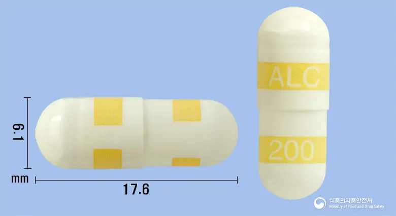셀코브렉스캡슐200mg(세레콕시브) 앞뒤 사진 (흰색 캡슐, 각인 ALC200)