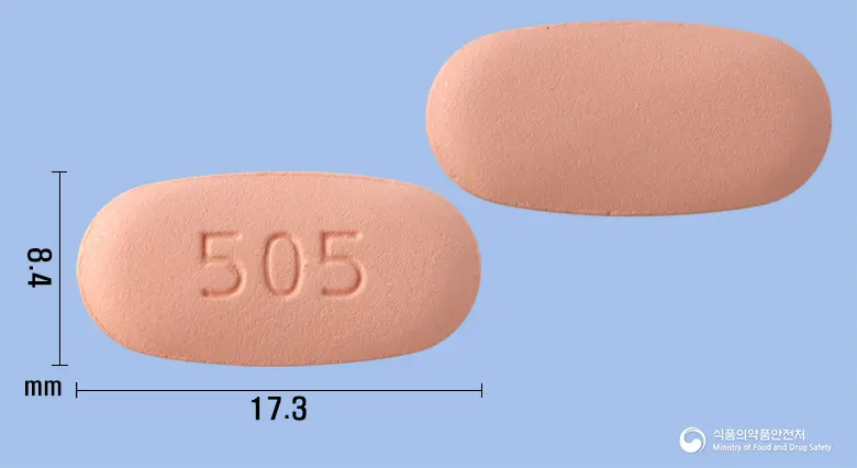 자누리틴에스콤비정50/500mg 앞뒤 사진 (분홍색 타원형, 각인 505)