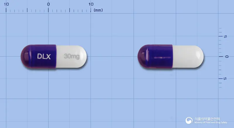 듀로센캡슐30밀리그램(둘록세틴염산염) 앞뒤 사진 (남색 캡슐, 각인 DLX 30mg)