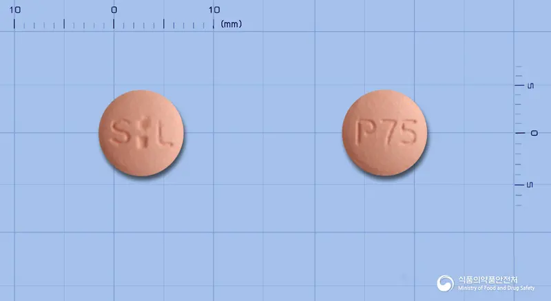 플라리정(클로피도그렐황산염) 앞뒤 사진 (분홍색 원형, 각인 P75)