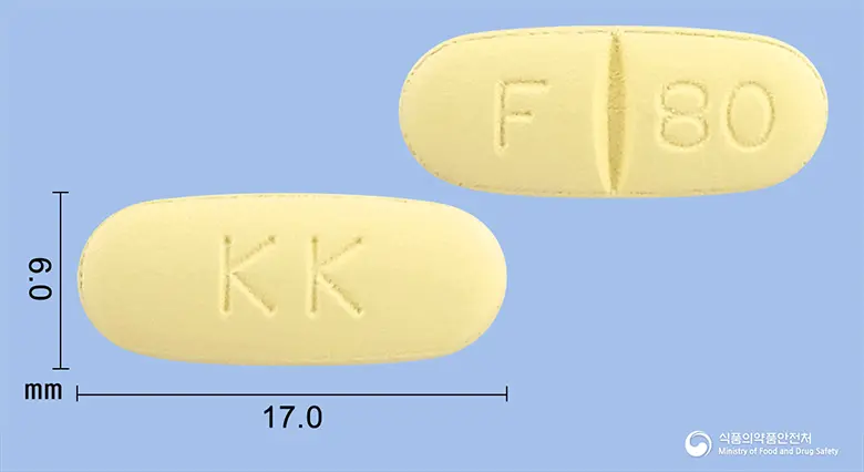 페북트정80밀리그램(페북소스타트) 앞뒤 사진 (노란색 타원형, 각인 KK / F 80)