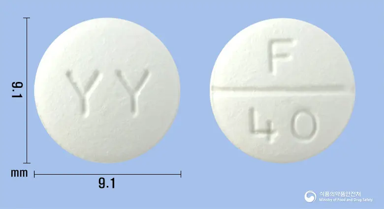 유리가트정40밀리그램(페북소스타트) 앞뒤 사진 (흰색 원형, 각인 YY / F 40)