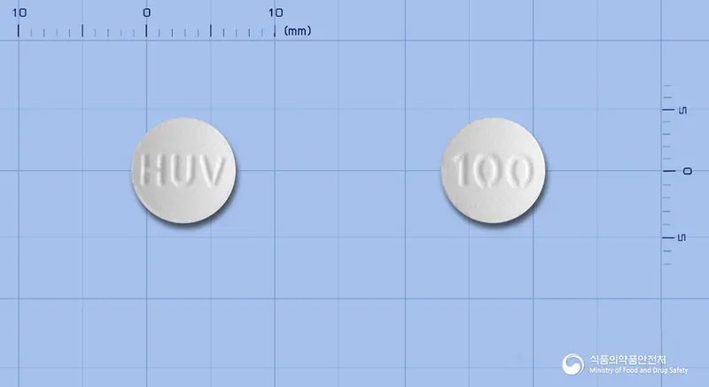 오록사신정100밀리그램(오플록사신) 앞뒤 사진 (흰색 원형, 각인 HUV / 100)