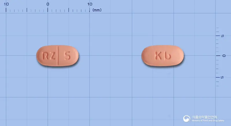 로수에지정10/5밀리그램 앞뒤 사진 (분홍색 장방형, 각인 RZ 5 / Kb)