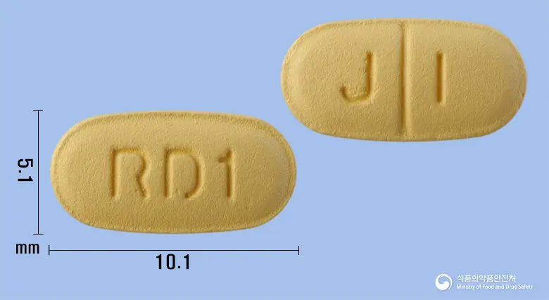 로제듀오정10/10밀리그램 앞뒤 사진 (주황색 타원형, 각인 RD1 / J I)