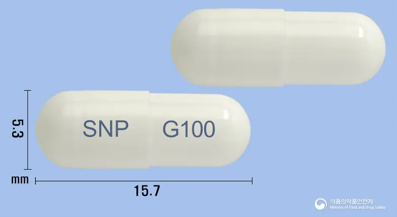 가베틴캡슐100밀리그램(가바펜틴) 앞뒤 사진 (흰색 캡슐, 각인 SNP G100)