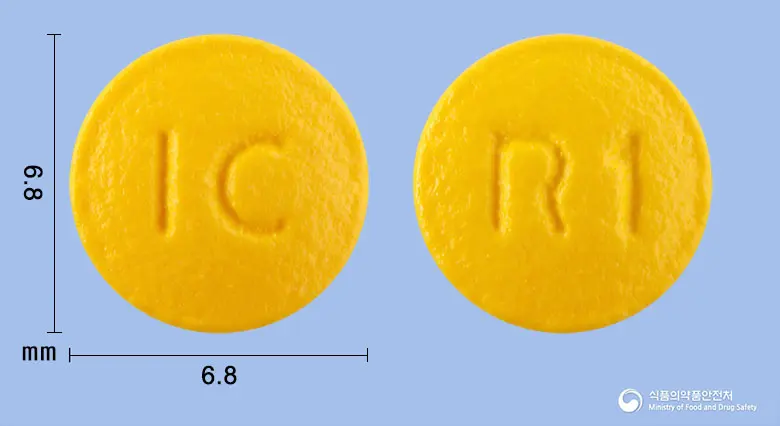 라프리졸정10mg(라베프라졸나트륨) 앞뒤 사진 (노란색 원형, 각인 IC / R1)