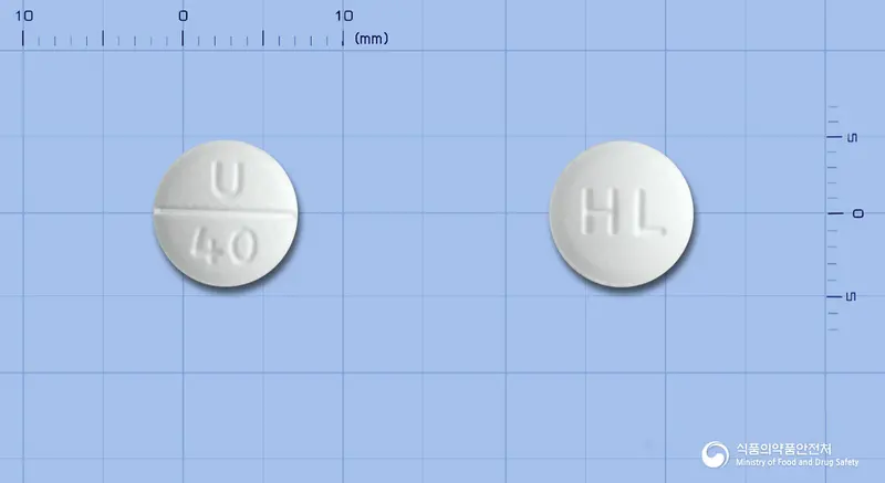 유소릭정40밀리그램(페북소스타트) 앞뒤 사진 (흰색 원형, 각인 U 40 / HL)