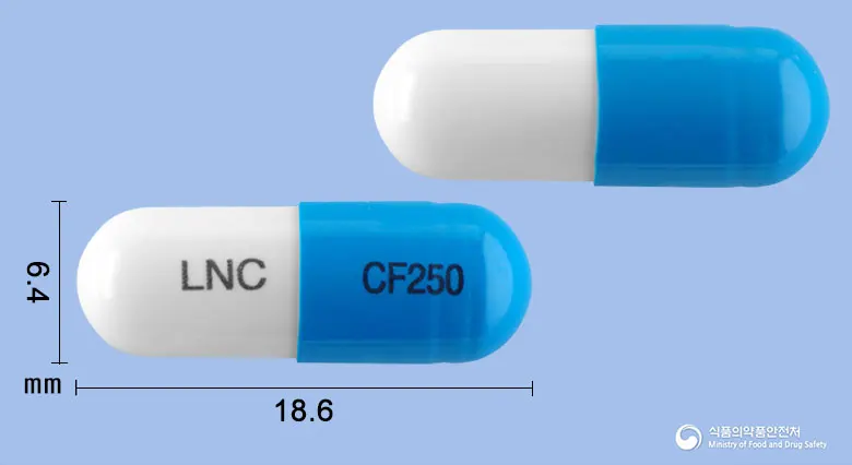 메가세클러캡슐(세파클러수화물) 앞뒤 사진 (파란색 캡슐, 각인 LNC CF250)