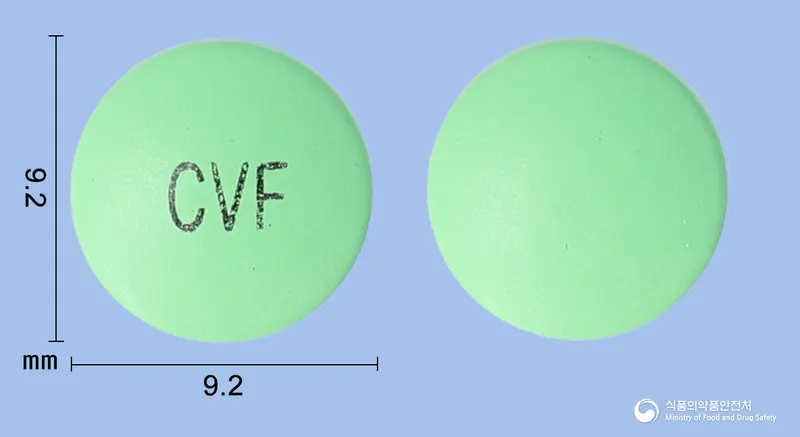 세노비아에프정 앞뒤 사진 (연두색 원형, 각인 CVF)