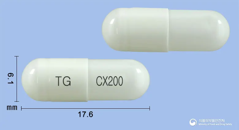 쎄레스콕캡슐200mg(세레콕시브) 앞뒤 사진 (흰색 캡슐, 각인 TG CX200)