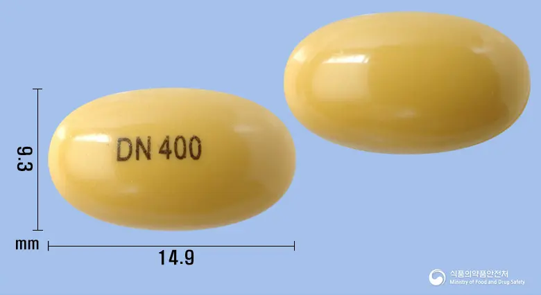 포스콜린연질캡슐(콜린알포세레이트) 앞뒤 사진 (갈색 캡슐, 각인 DN 400)