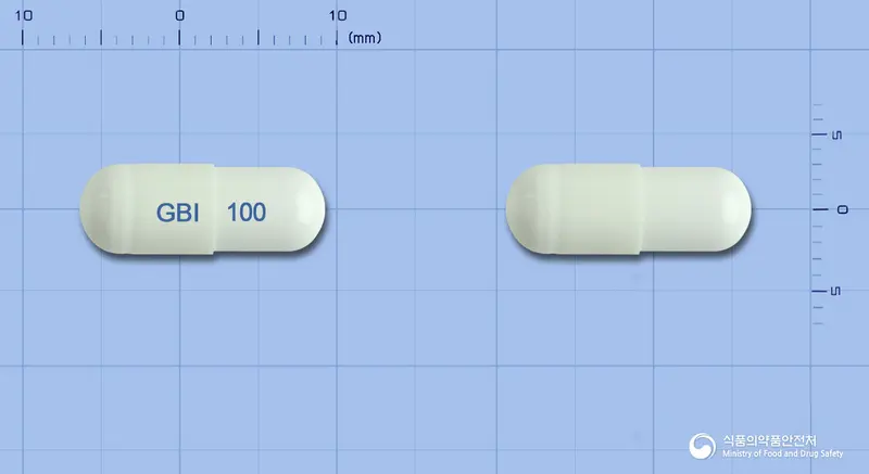 가바인캡슐100mg(가바펜틴) 앞뒤 사진 (흰색 캡슐, 각인 GBI 100)