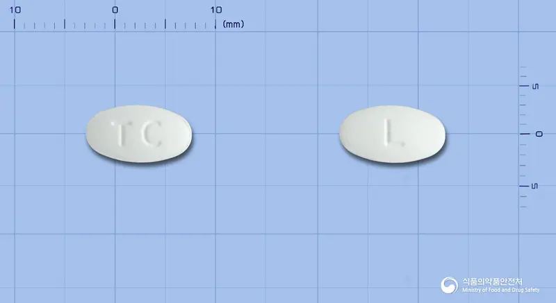 로자인정50mg(로사르탄칼륨) 앞뒤 사진 (흰색 타원형, 각인 TC / L)