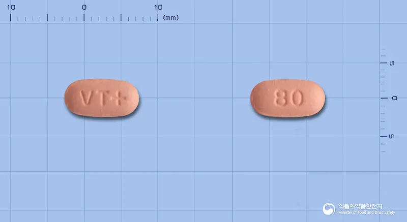 바레탄플러스정80/12.5mg 앞뒤 사진 (분홍색 타원형, 각인 VT+ / 80)