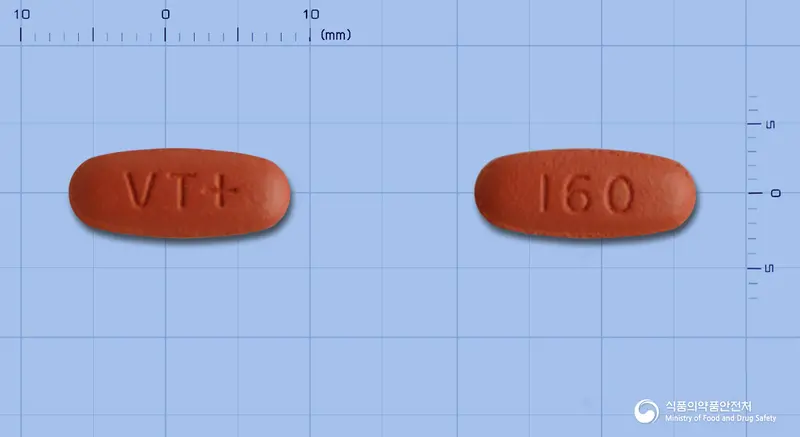 바레탄플러스정160/12.5mg 앞뒤 사진 (빨간색 타원형, 각인 VT+ / 160)