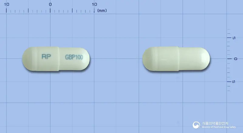 알피가바펜틴캡슐100mg 앞뒤 사진 (흰색 캡슐, 각인 RP GBP100)