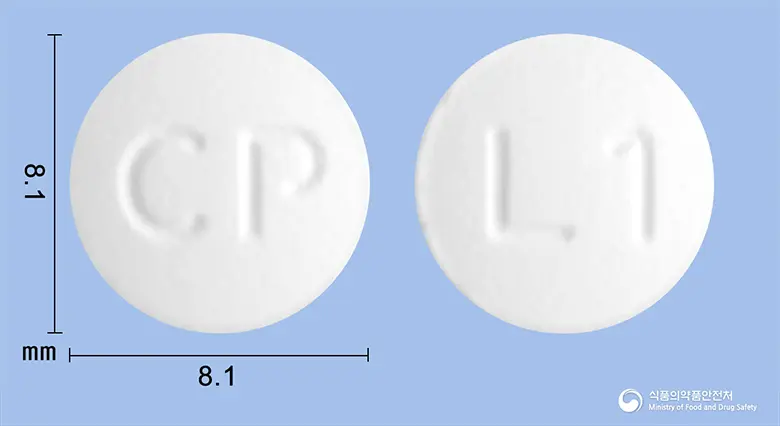 레플록신정100mg(레보플록사신) 앞뒤 사진 (흰색 원형, 각인 CP / L1)