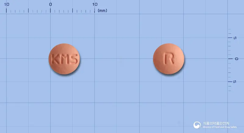 로슈바토정10mg(로수바스타틴칼슘) 앞뒤 사진 (분홍색 원형, 각인 KMS / R)
