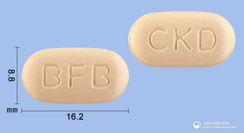 벤포벨정 앞뒤 사진 (주황색 장방형, 각인 BFB / CKD)