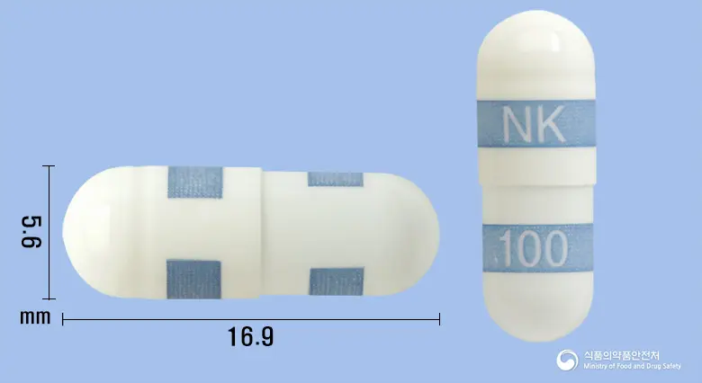 쎄넥스캡슐100mg(세레콕시브) 앞뒤 사진 (흰색 캡슐, 각인 NK100)