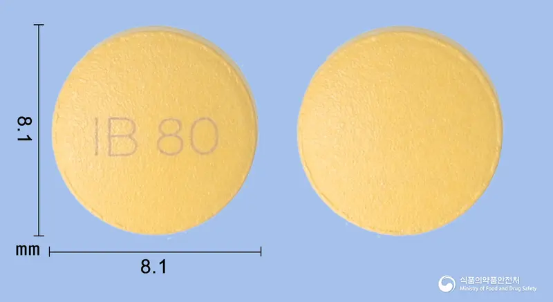 노바살탄정5/80mg 앞뒤 사진 (주황색 원형, 각인 IB 80)