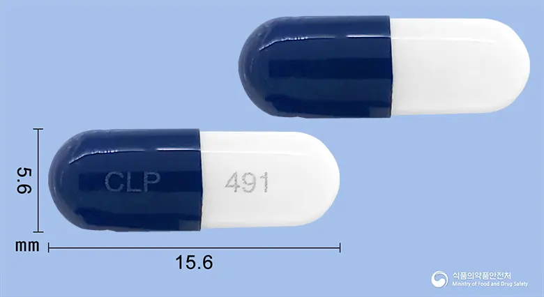 쥴로틴캡슐30밀리그램(둘록세틴염산염) 앞뒤 사진 (파란색 캡슐, 각인 CLP 491)