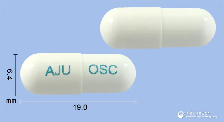오미탄에스캡슐 앞뒤 사진 (흰색 캡슐, 각인 AJU OSC)