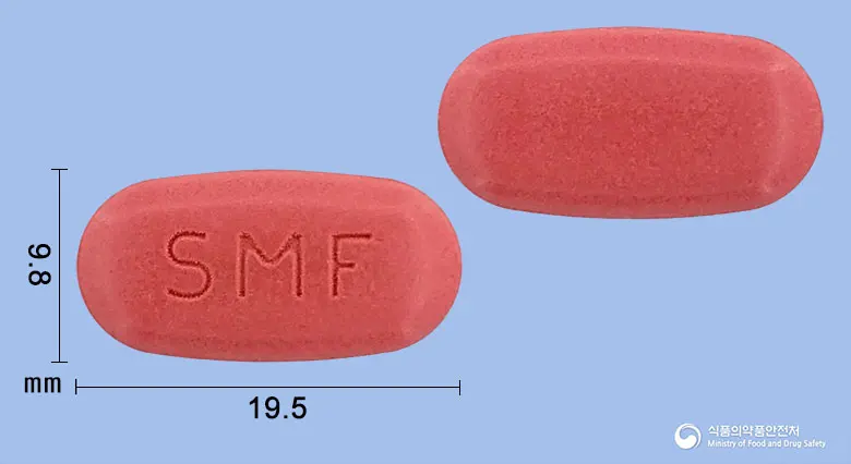 슈가메트서방정5/1000밀리그램 앞뒤 사진 (분홍색 타원형, 각인 SMF)