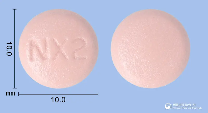 넥스프라졸정40mg(에스오메프라졸마그네슘이수화물) 앞뒤 사진 (분홍색 원형, 각인 NX2)