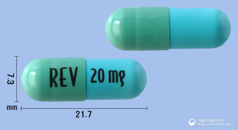레블리미드캡슐20밀리그램(레날리도마이드) 앞뒤 사진 (초록색 캡슐, 각인 REV 20mg)