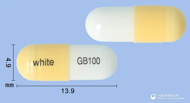 뉴펜틴캡슐100밀리그램(가바펜틴) 앞뒤 사진 (노란색 캡슐, 각인 white GB100)