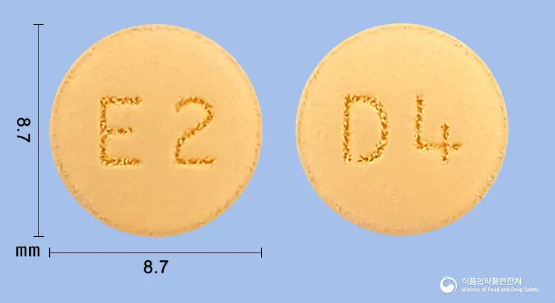 알로페질정10mg(도네페질염산염수화물) 앞뒤 사진 (노란색 원형, 각인 E2 / D4)