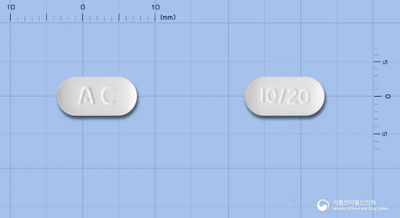 에제심바정10/20밀리그램 앞뒤 사진 (흰색 장방형, 각인 AC / 10/20)