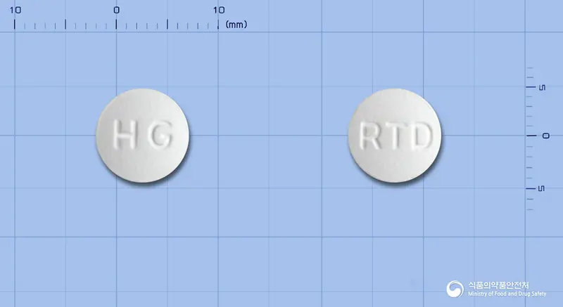 레니틴정150mg(라니티딘염산염) 앞뒤 사진 (흰색 원형, 각인 HG / RTD)