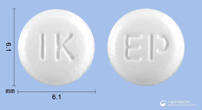 알레나스정10mg(에피나스틴염산염) 앞뒤 사진 (흰색 원형, 각인 IK / EP)