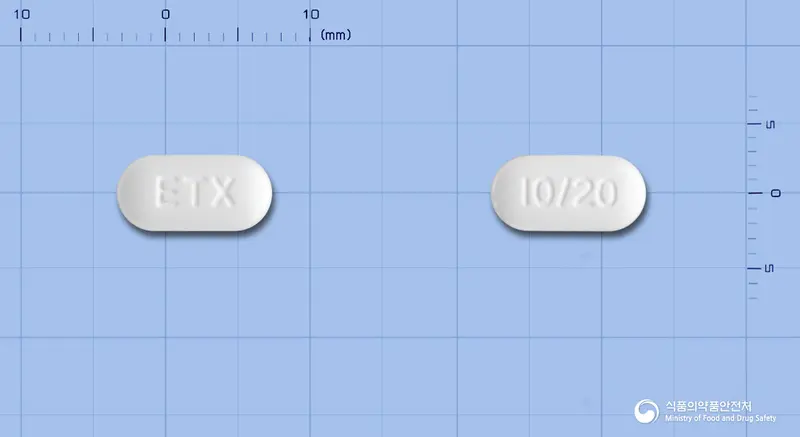 임펙트윈정10/20mg 앞뒤 사진 (흰색 장방형, 각인 ETX / 10/20)