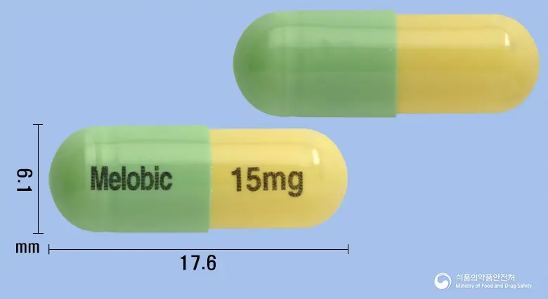 메로빅캡슐15밀리그램(멜록시캄) 앞뒤 사진 (초록색 캡슐, 각인 Melobic 15mg)