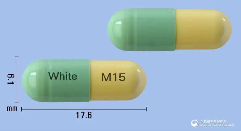 이콕스캡슐15밀리그램(멜록시캄) 앞뒤 사진 (연두색 캡슐, 각인 White M15)
