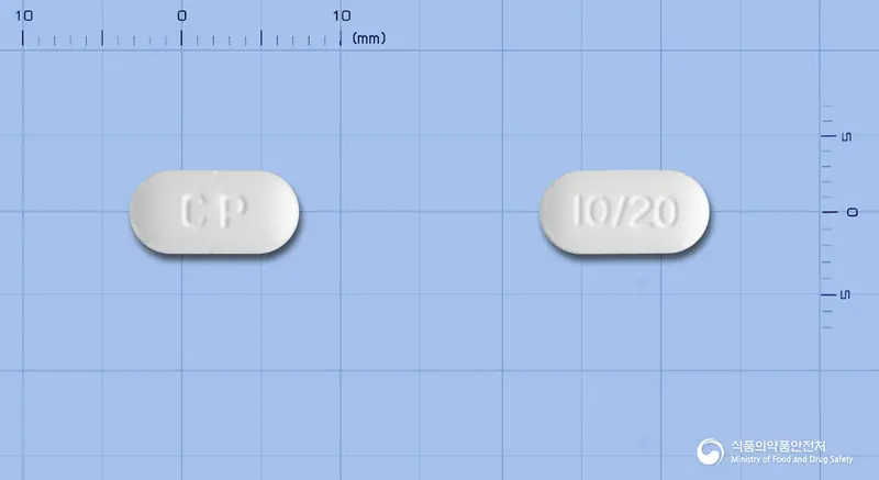 듀오토린정10/20mg 앞뒤 사진 (흰색 장방형, 각인 CP / 10/20)