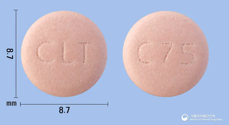 클로피엘티정(클로피도그렐황산염) 앞뒤 사진 (분홍색 원형, 각인 CLT / C75)