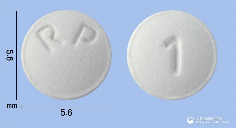 알피바스타틴정10mg(아토르바스타틴칼슘삼수화물) 앞뒤 사진 (흰색 원형, 각인 RP / 1)