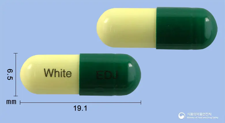 엘도진캡슐300밀리그램(에르도스테인) 앞뒤 사진 (초록색 캡슐, 각인 White EDJ)